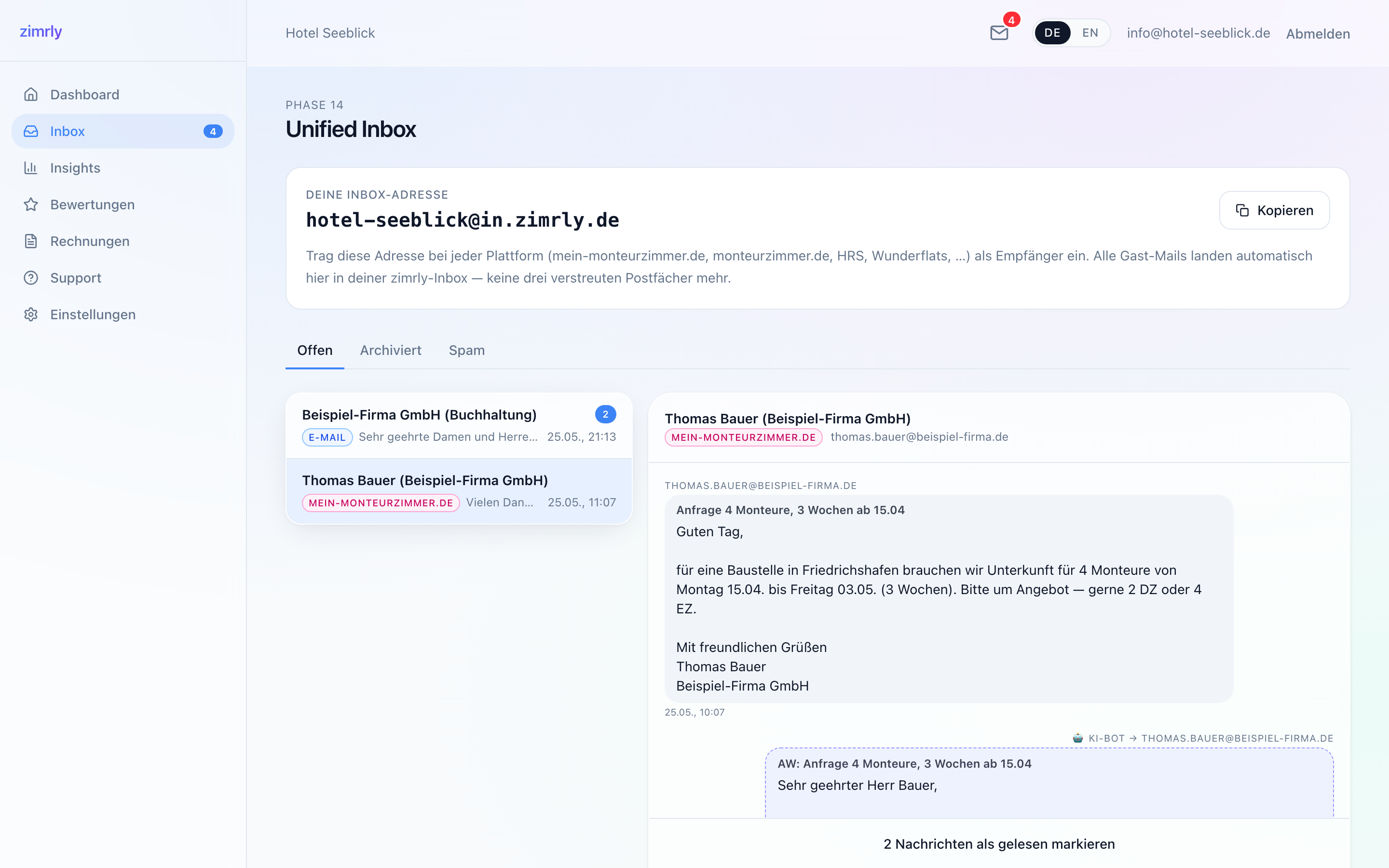 zimrly Unified Inbox mit einer Gäste-Konversation und KI-Antwort