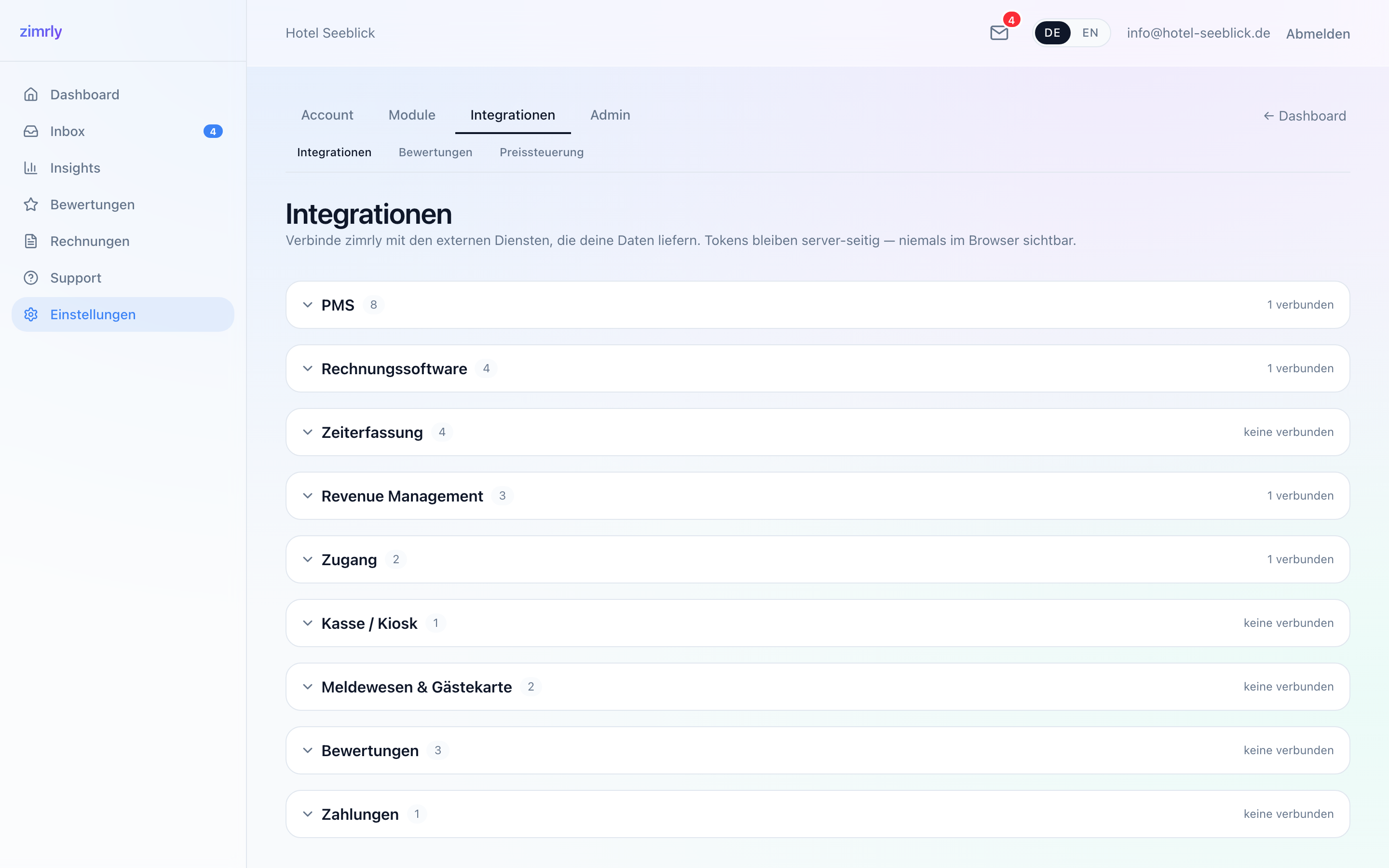 zimrly Integrationen-Seite mit allen Kategorien