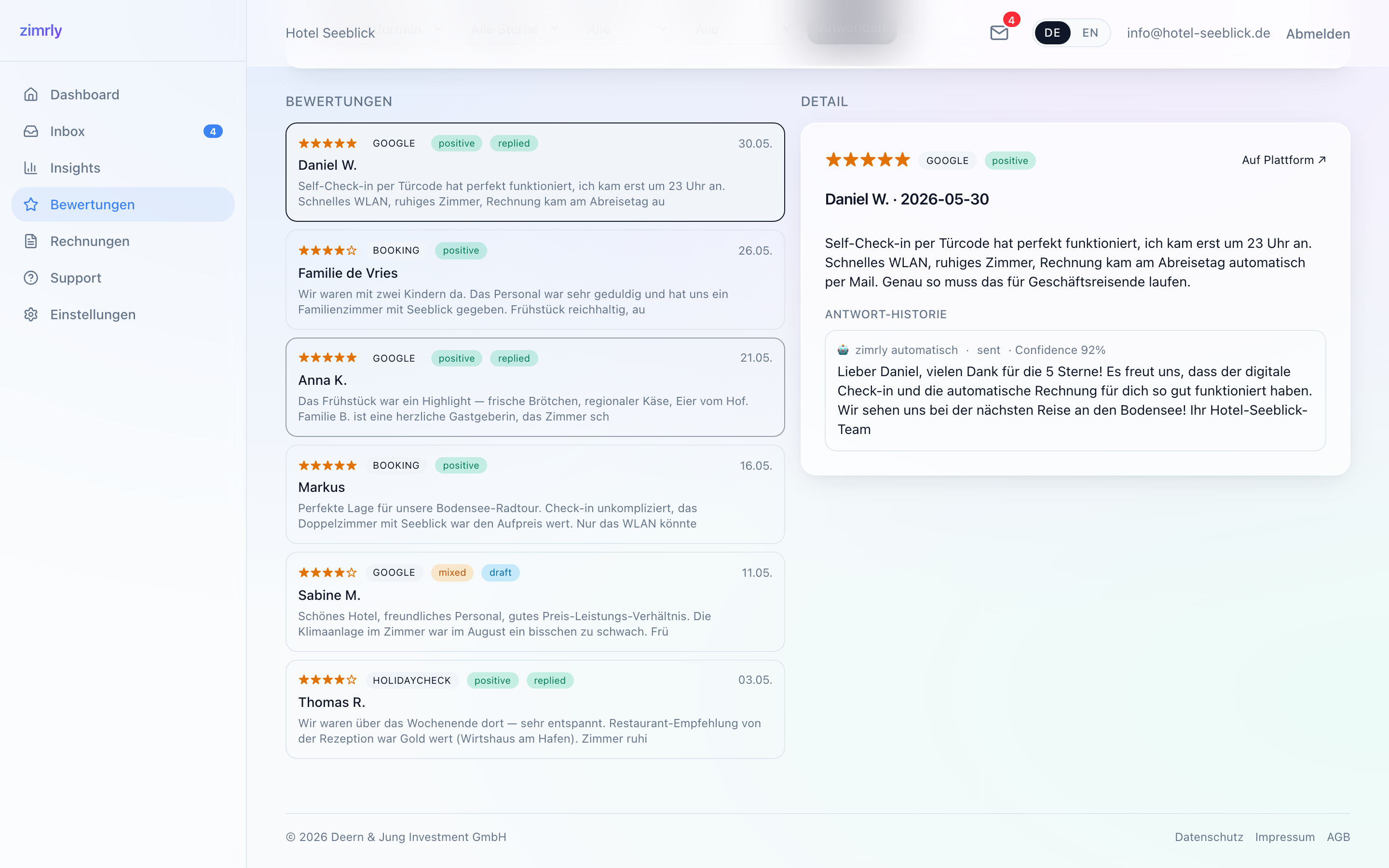 zimrly Bewertungs-Hub mit Review-Liste und KI-Antwort im Detail